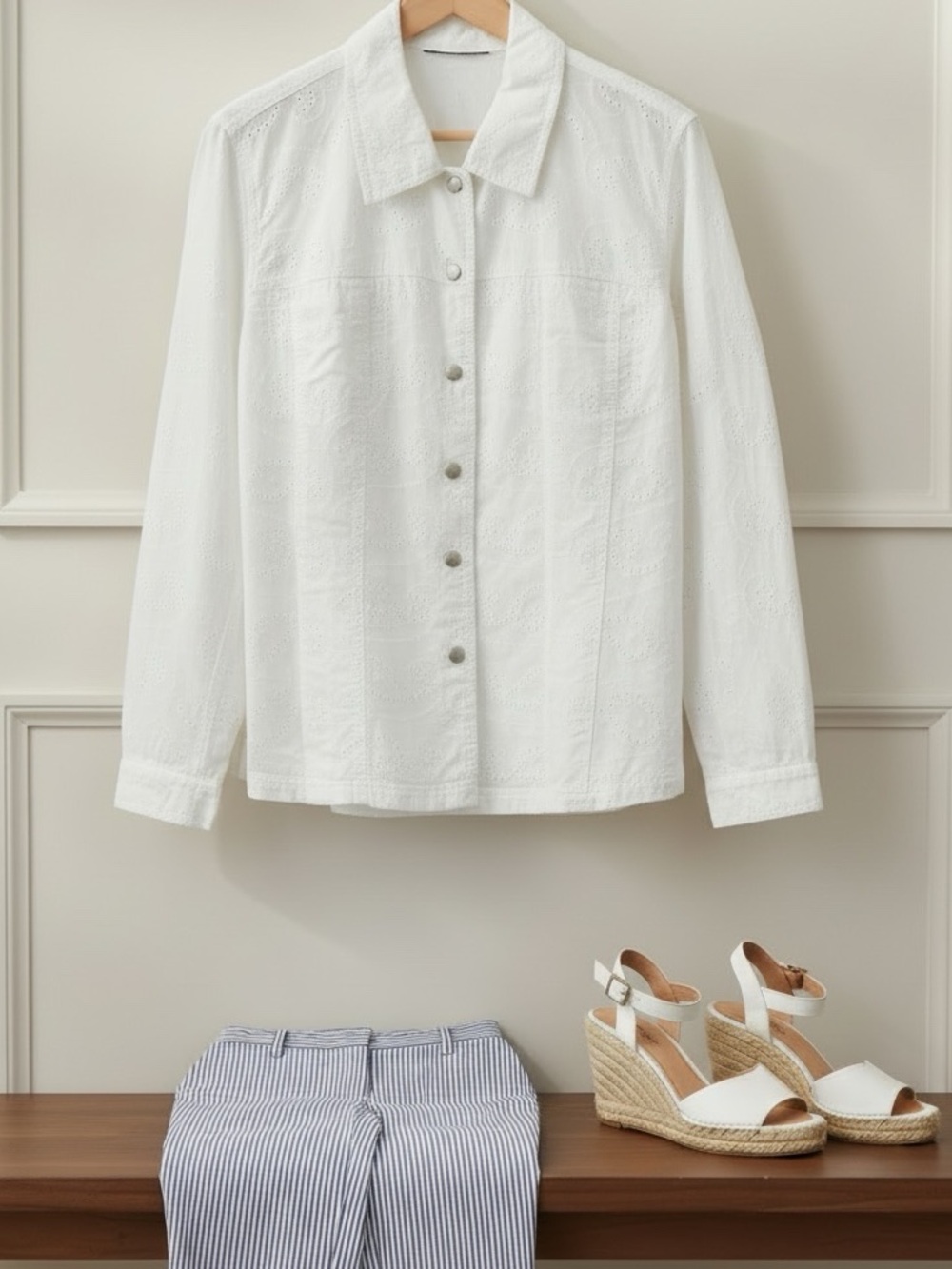 JONES NEW YORK Lined Cotton Eyelet Shirt Snap Buttons, Pockets